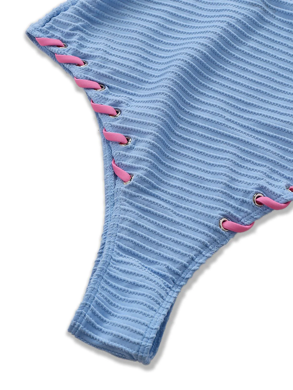 Light Blue 1950s Stripe Lace-Up Ruched One-Piece Swimsuit - Image 5