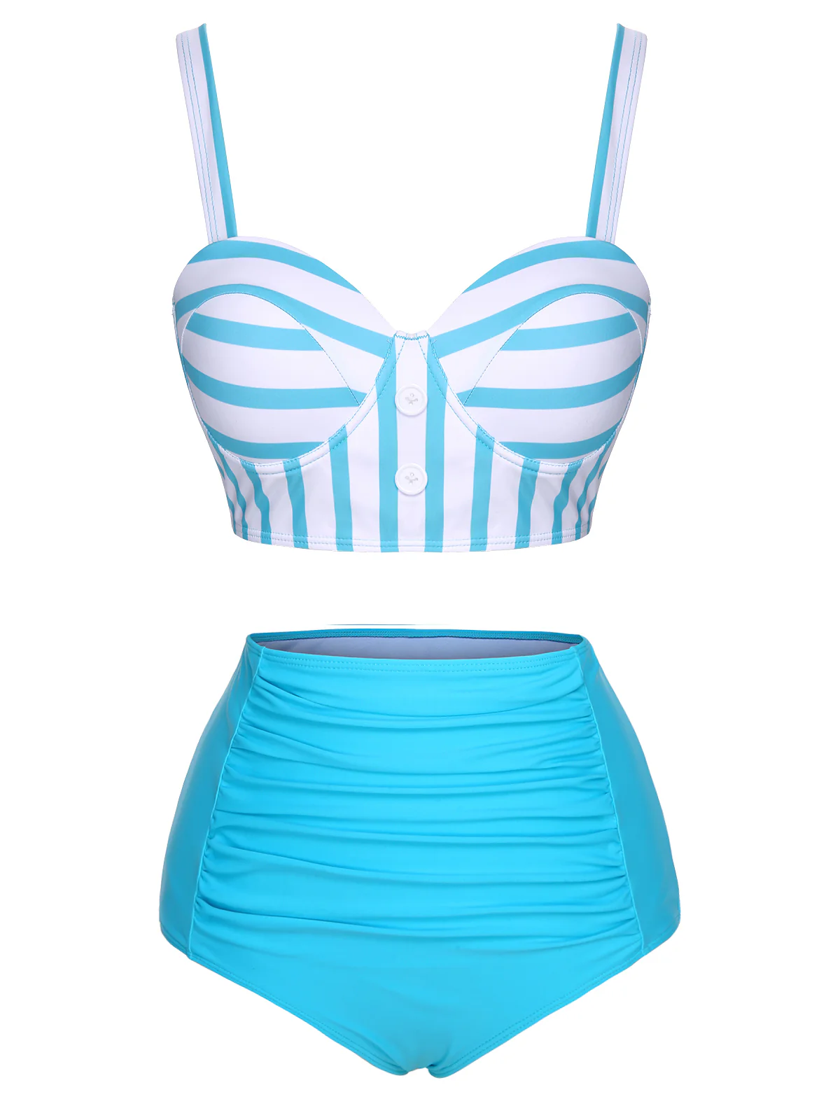 Light Blue 1950s Stripe Strap Swimsuit - Image 2