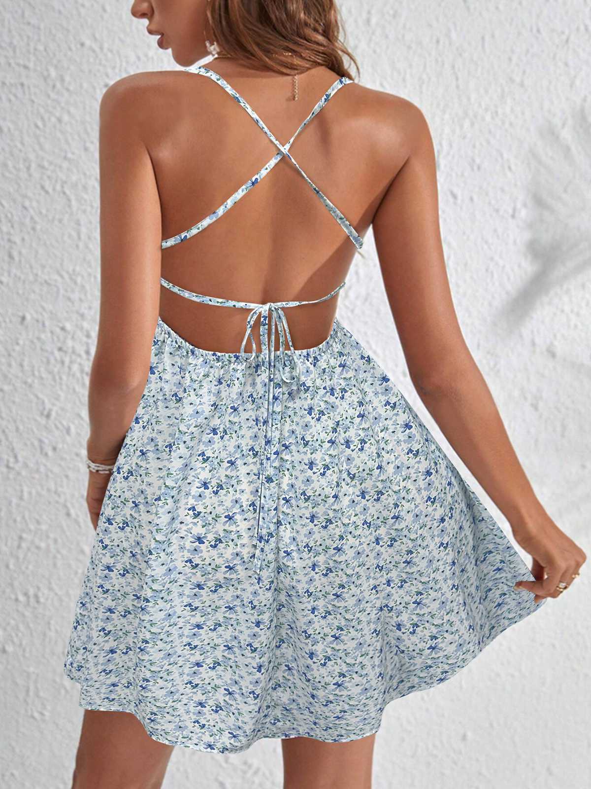Light Blue 1970s Ditsy Floral Backless Dress - Image 2