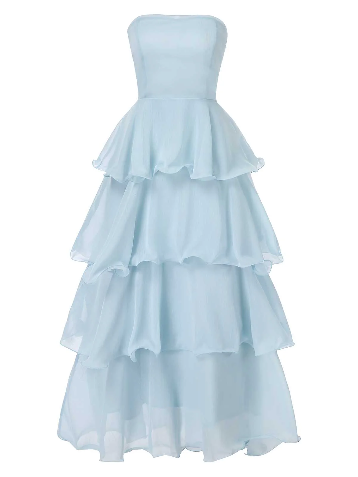 Light Blue 1970s Strapless Layered Ruffles Dress - Image 2