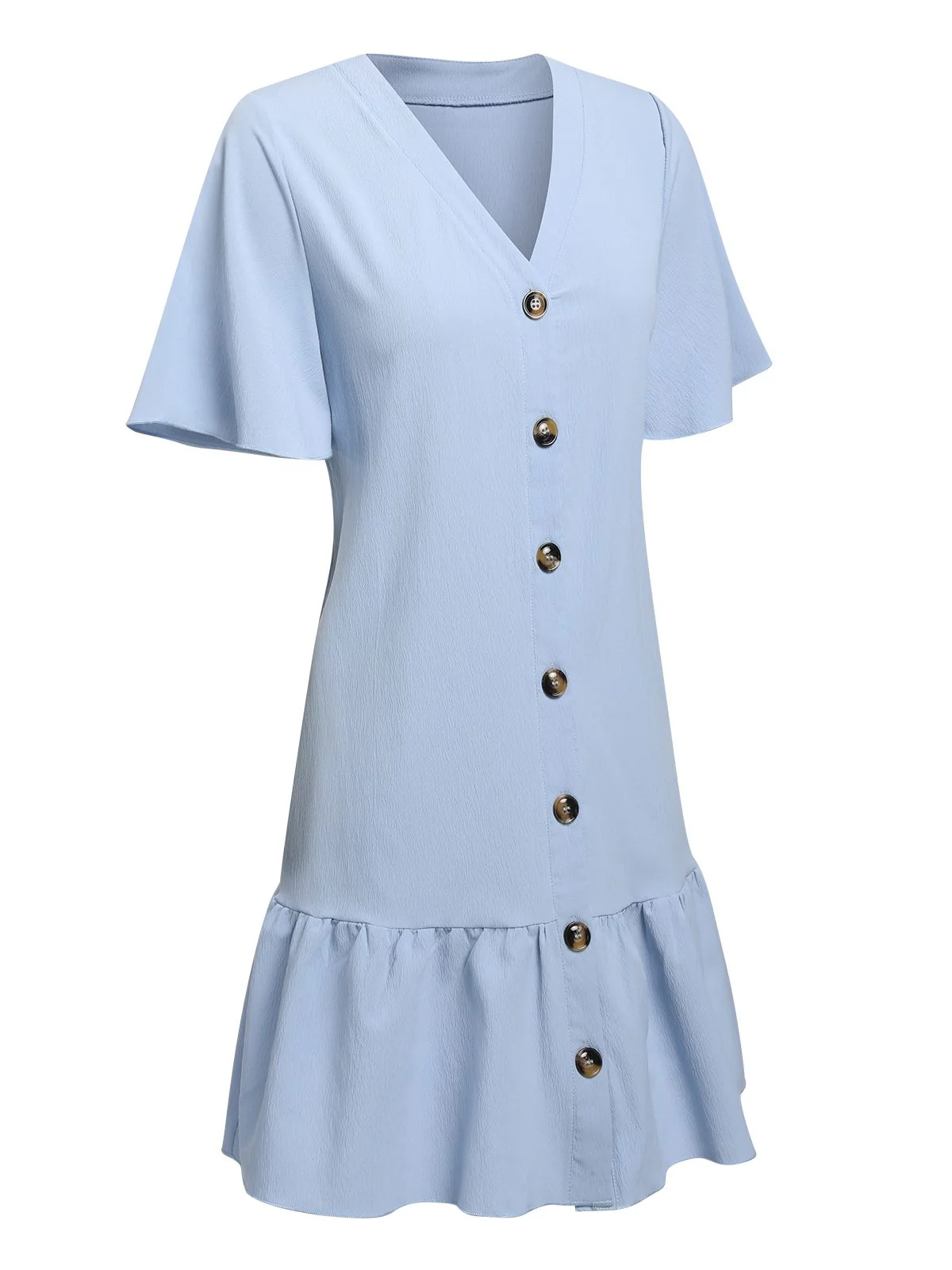 Light Blue 1970s V-Neck Ruffle Hem Dress - Image 3