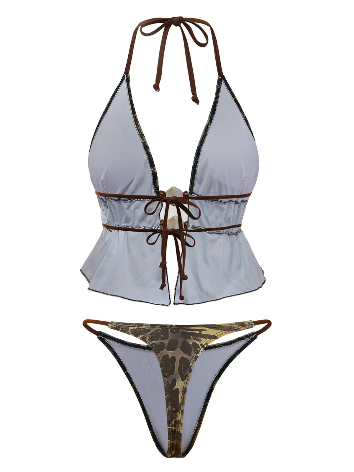 Light Brown 1960s Leopard Halter Tie-Front Ruffle Tankini Set - Image 2
