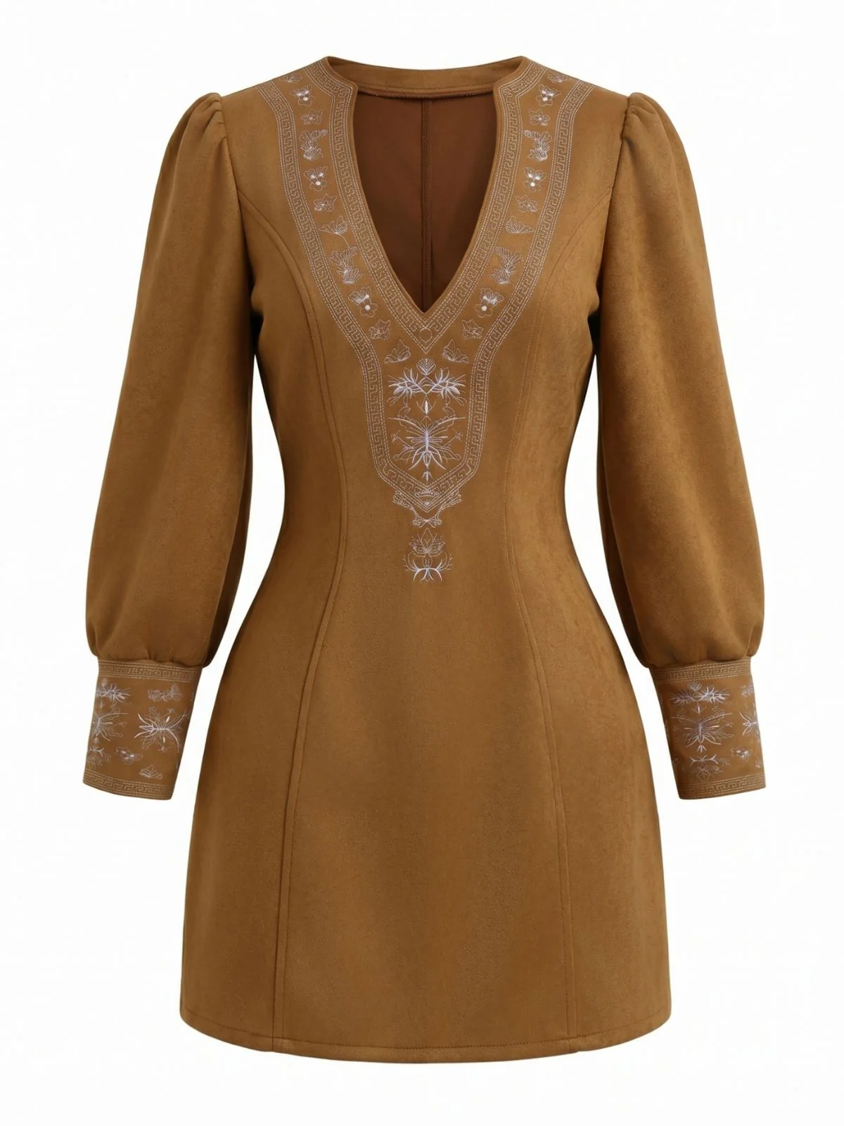 Light Brown 1960s V-Neck Embroidery Floral Dress - Image 2