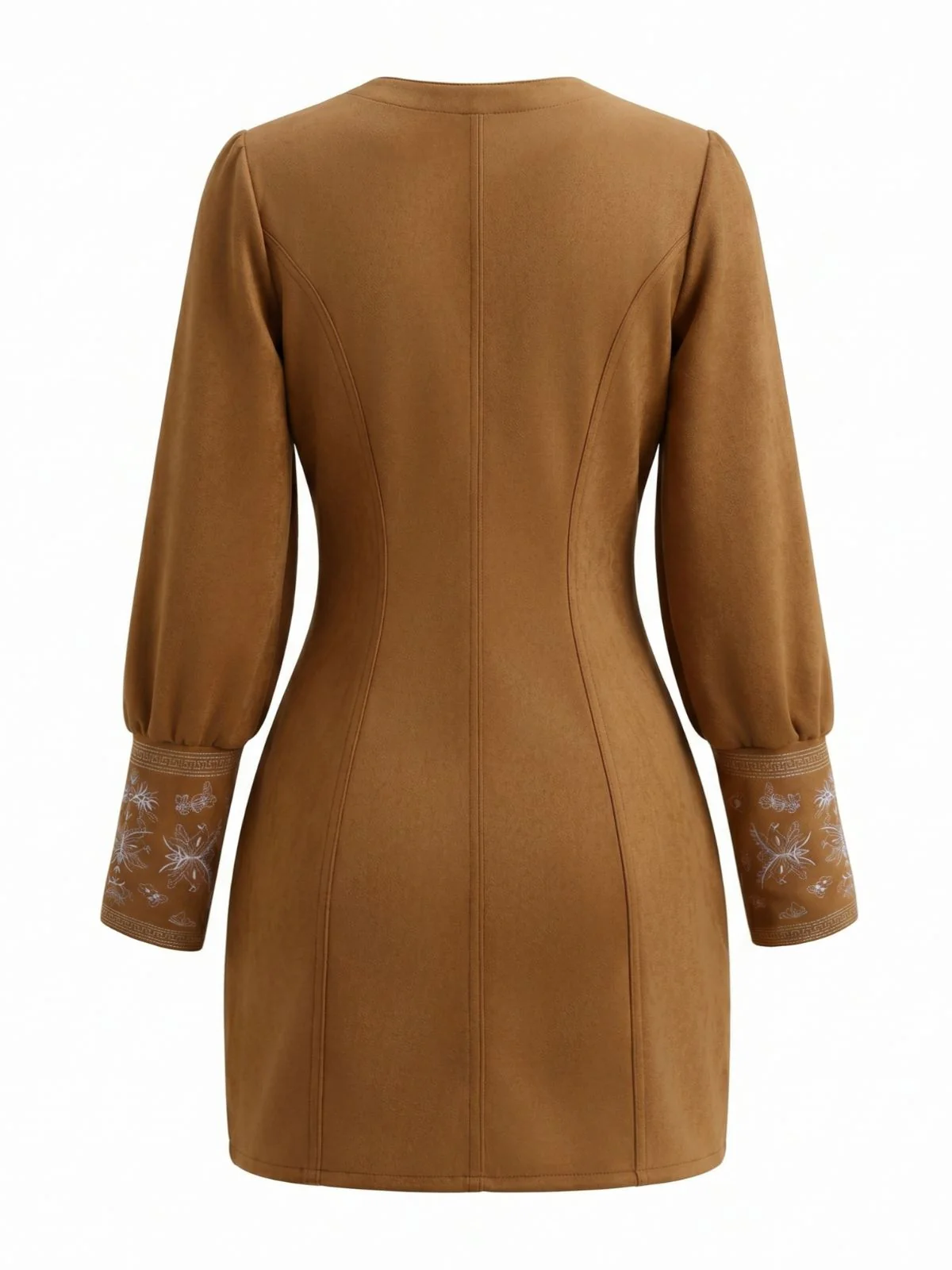 Light Brown 1960s V-Neck Embroidery Floral Dress - Image 3