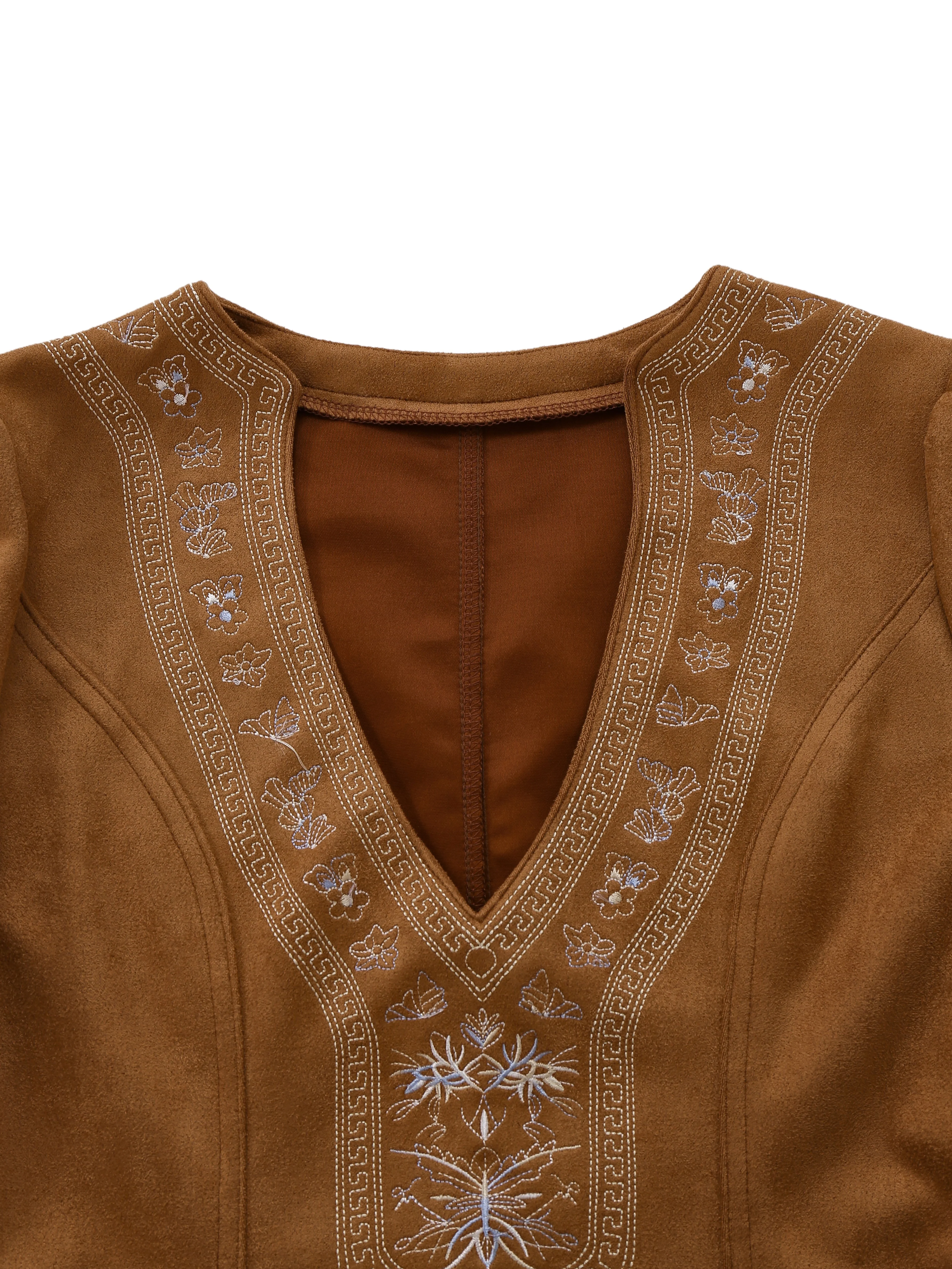 Light Brown 1960s V-Neck Embroidery Floral Dress - Image 4