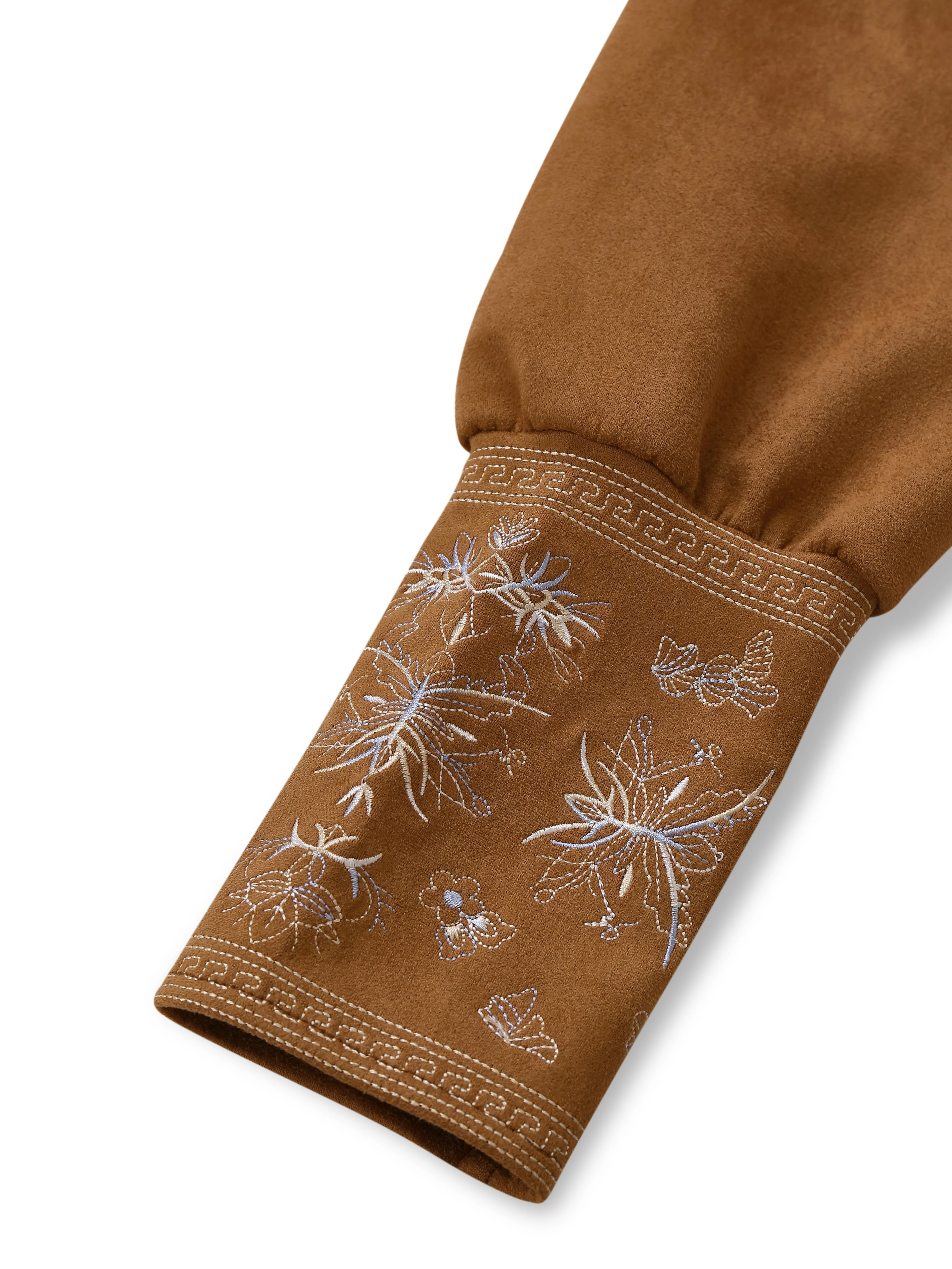 Light Brown 1960s V-Neck Embroidery Floral Dress - Image 5