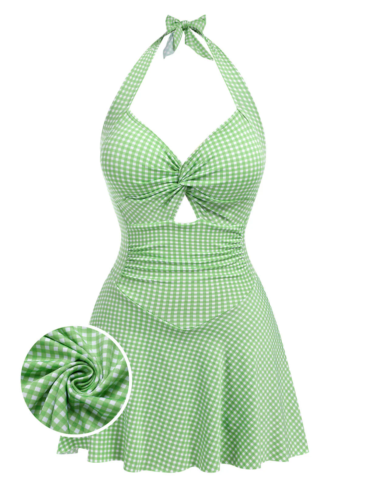 Light Green 1930s Plaid Halter One-Piece Swimsuit - Image 3