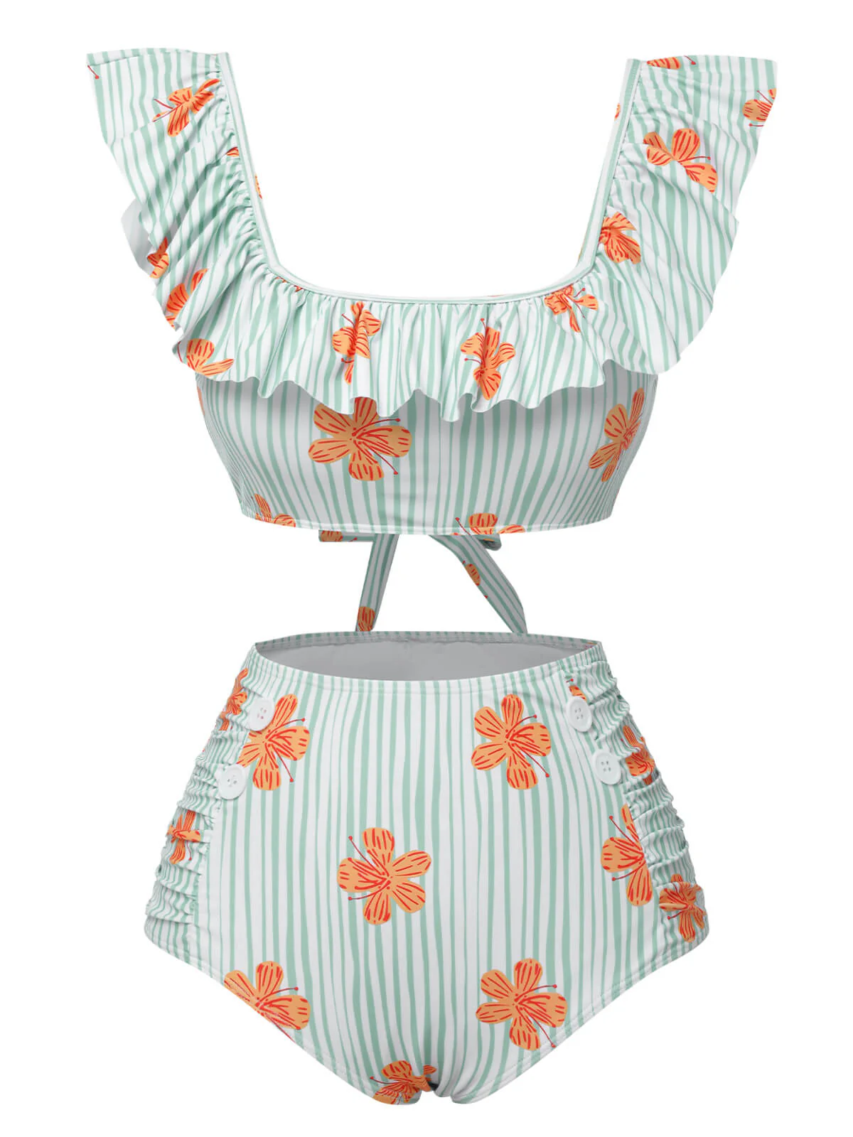 Light Green 1950s Floral Stripe Ruffle Swimsuit - Image 2