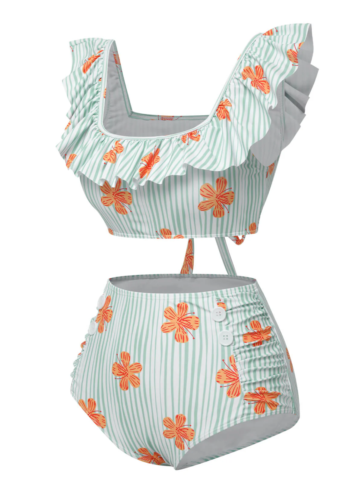 Light Green 1950s Floral Stripe Ruffle Swimsuit - Image 3