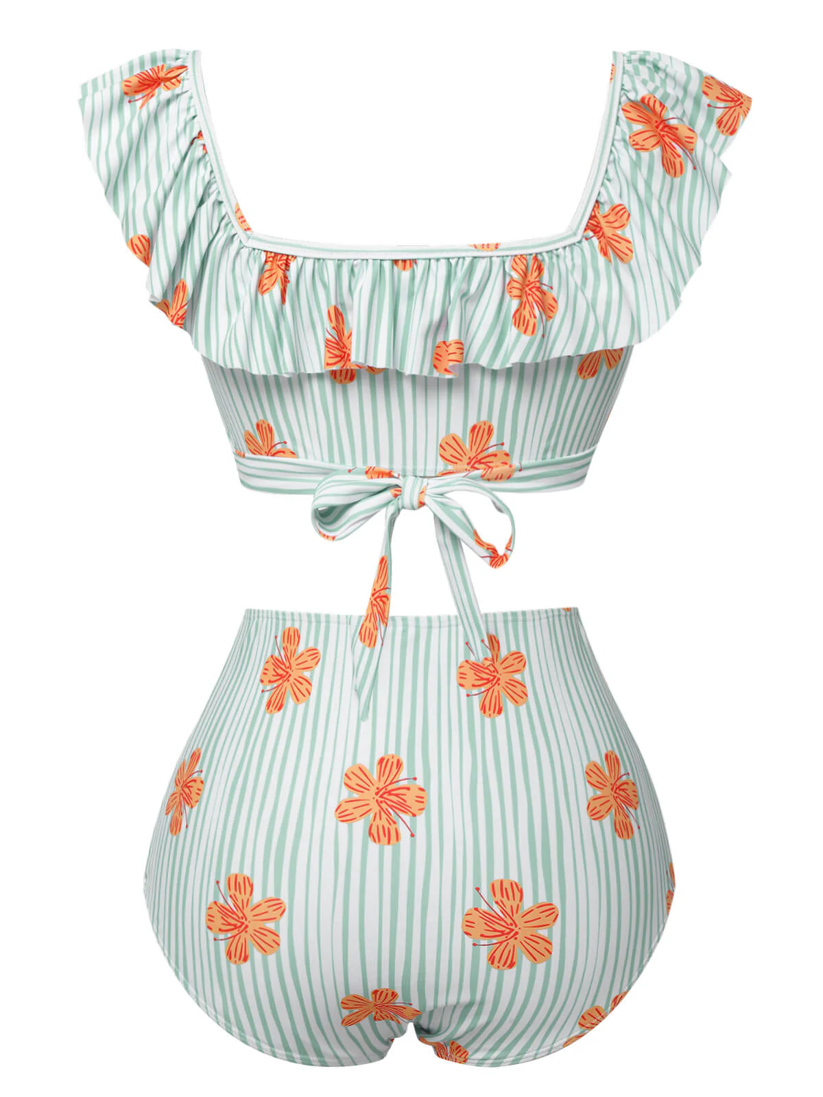 Light Green 1950s Floral Stripe Ruffle Swimsuit - Image 4