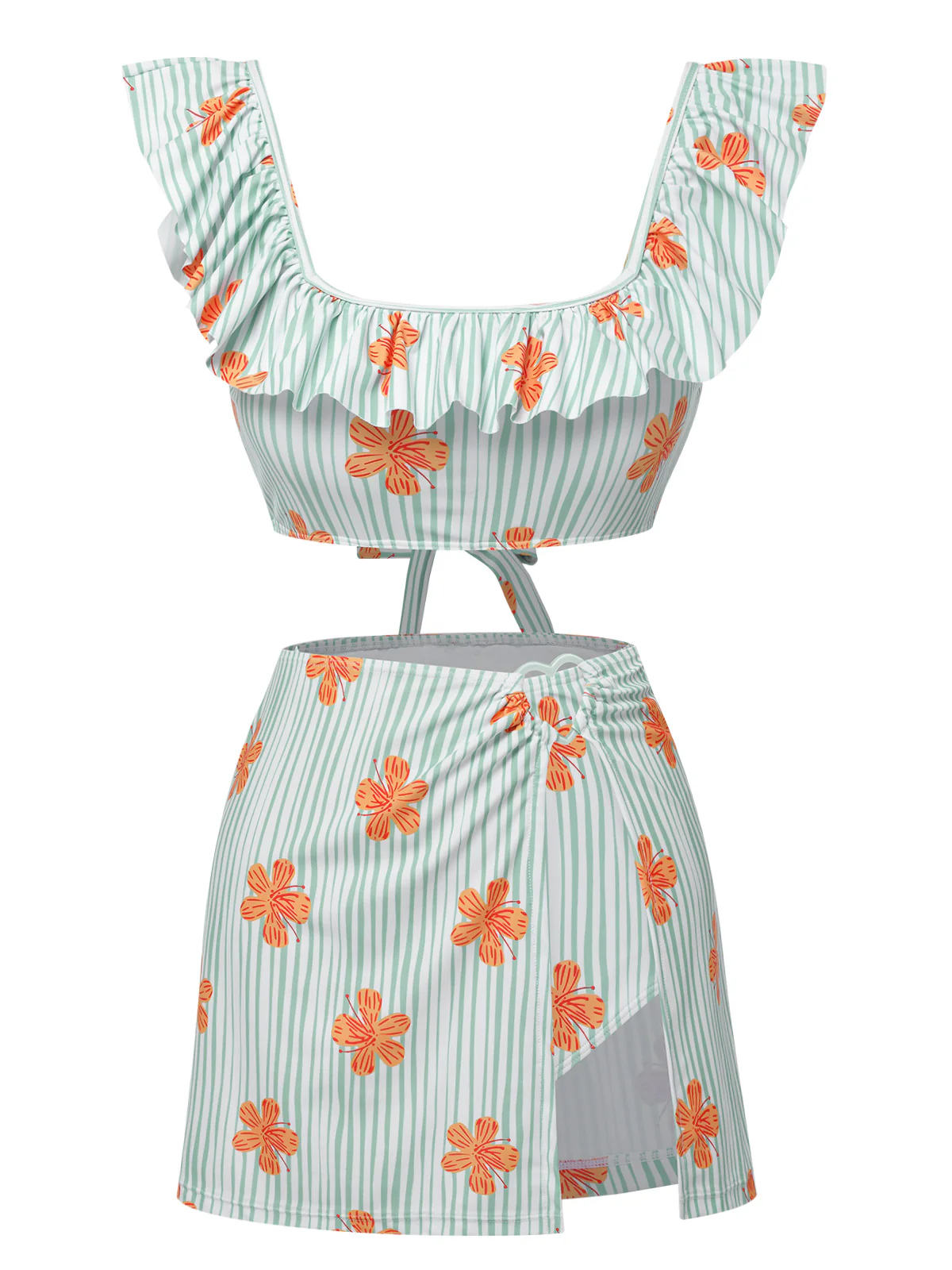 Light Green 1950s Floral Stripe Swimsuit & Skirt Cover-Up - Image 2