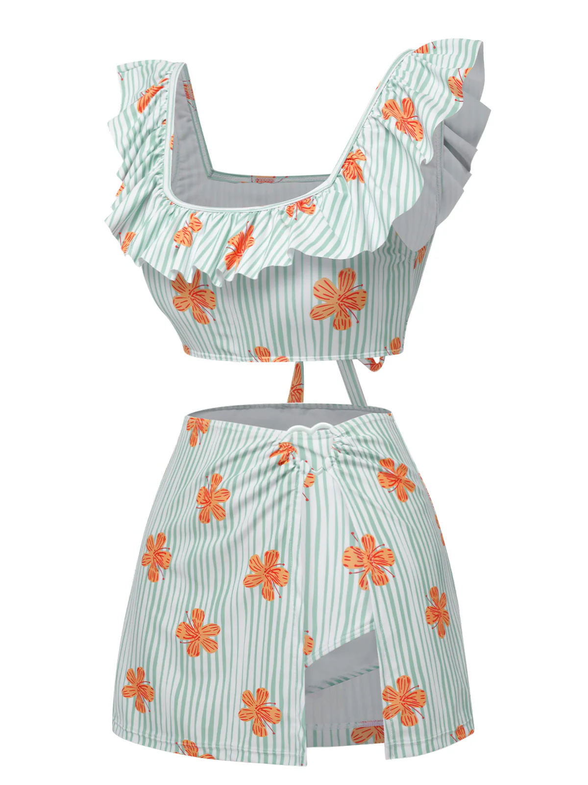 Light Green 1950s Floral Stripe Swimsuit & Skirt Cover-Up - Image 3