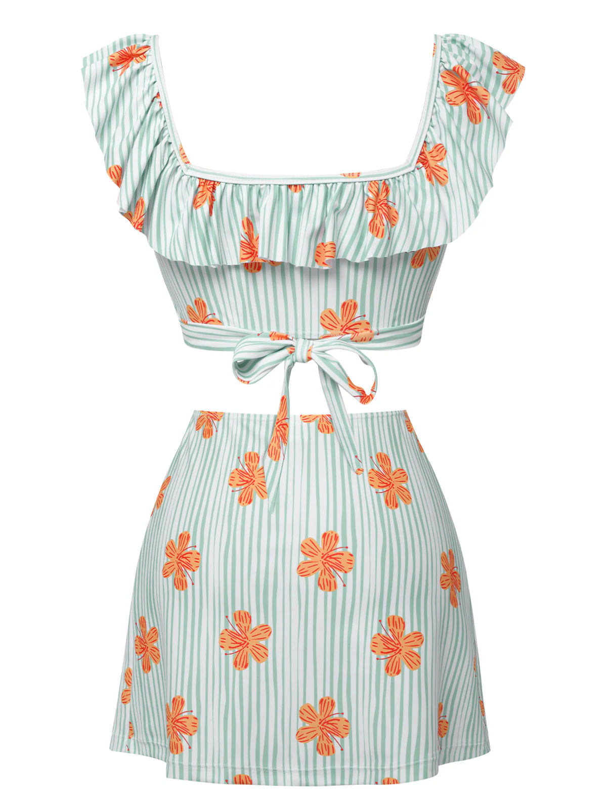 Light Green 1950s Floral Stripe Swimsuit & Skirt Cover-Up - Image 4