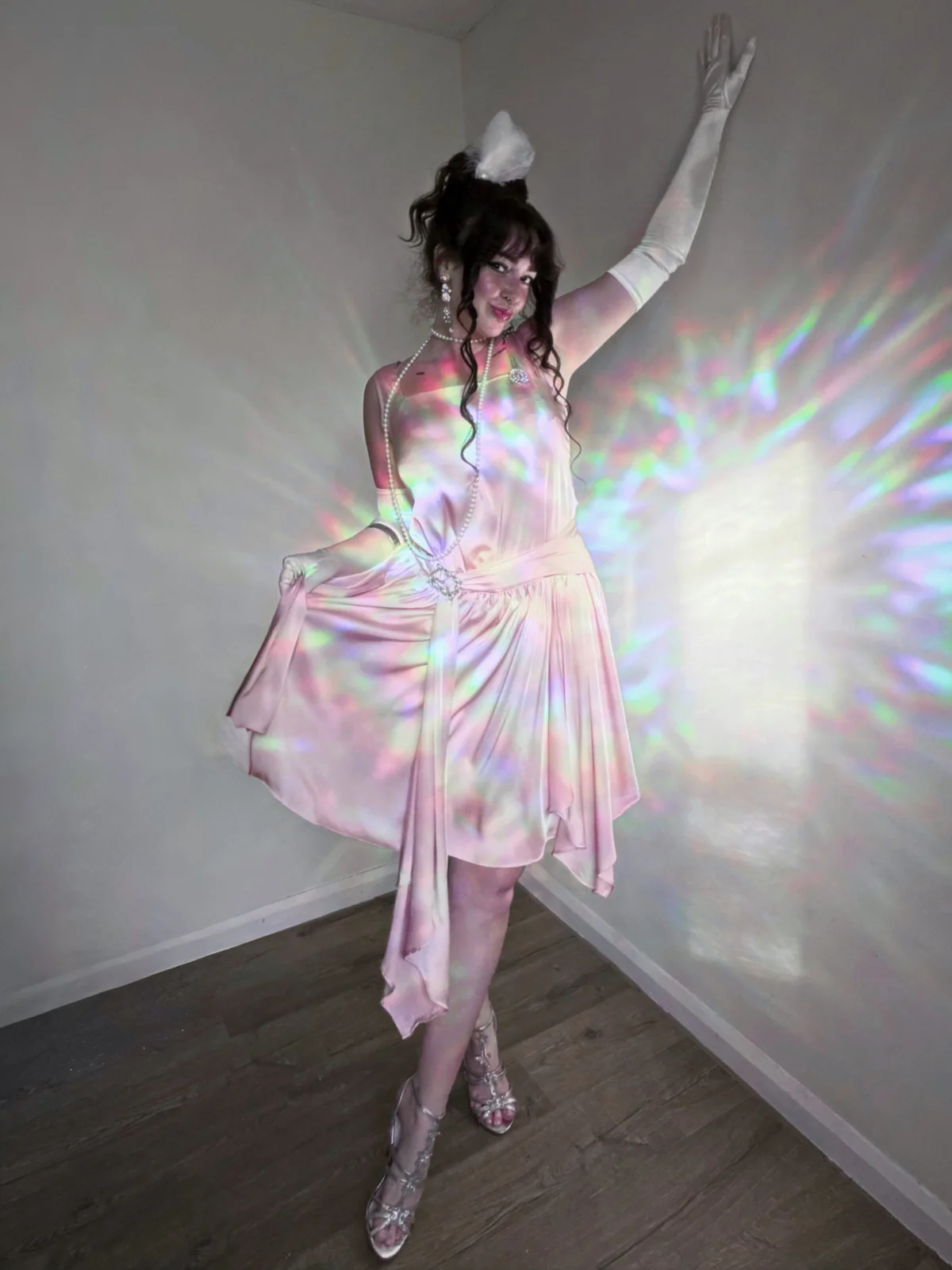 Light Pink 1920s Satin Square Neck Back Bow Dress - Image 2