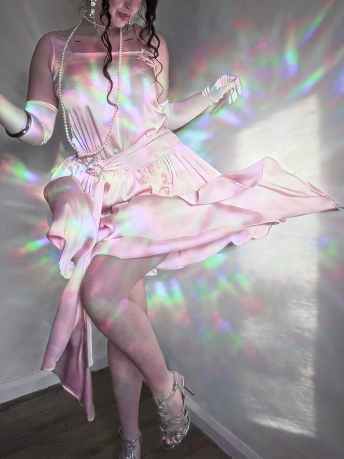 Light Pink 1920s Satin Square Neck Back Bow Dress - Image 3