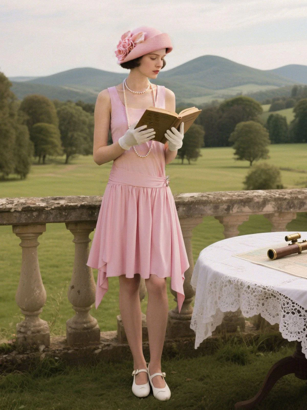 Light Pink 1920s Satin Square Neck Back Bow Dress - Image 2