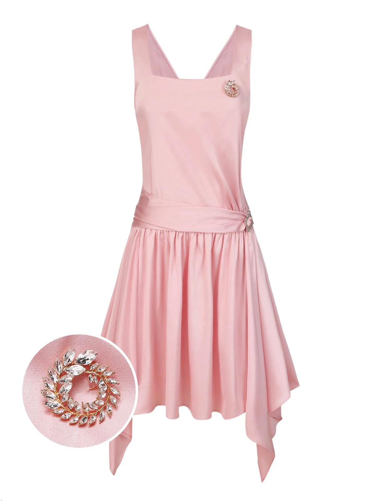 Light Pink 1920s Satin Square Neck Back Bow Dress - Image 3