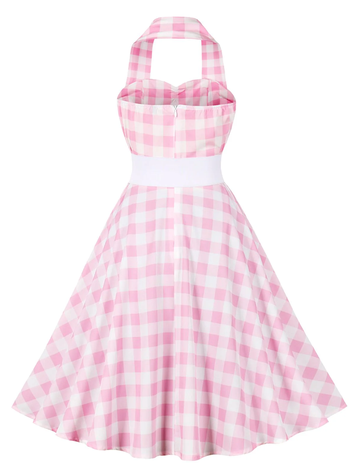 Light Pink 1950s Halter Plaids Belted Dress - Image 2
