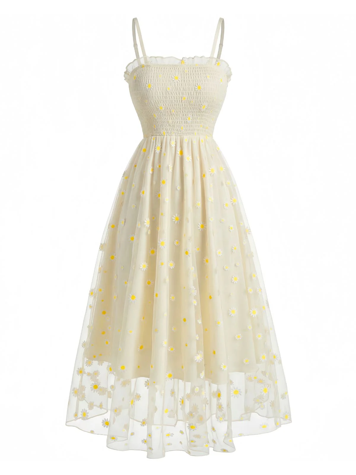 Light Yellow 1950s Daisy Embroidered Smocked Tulle Midi Dress - Image 2