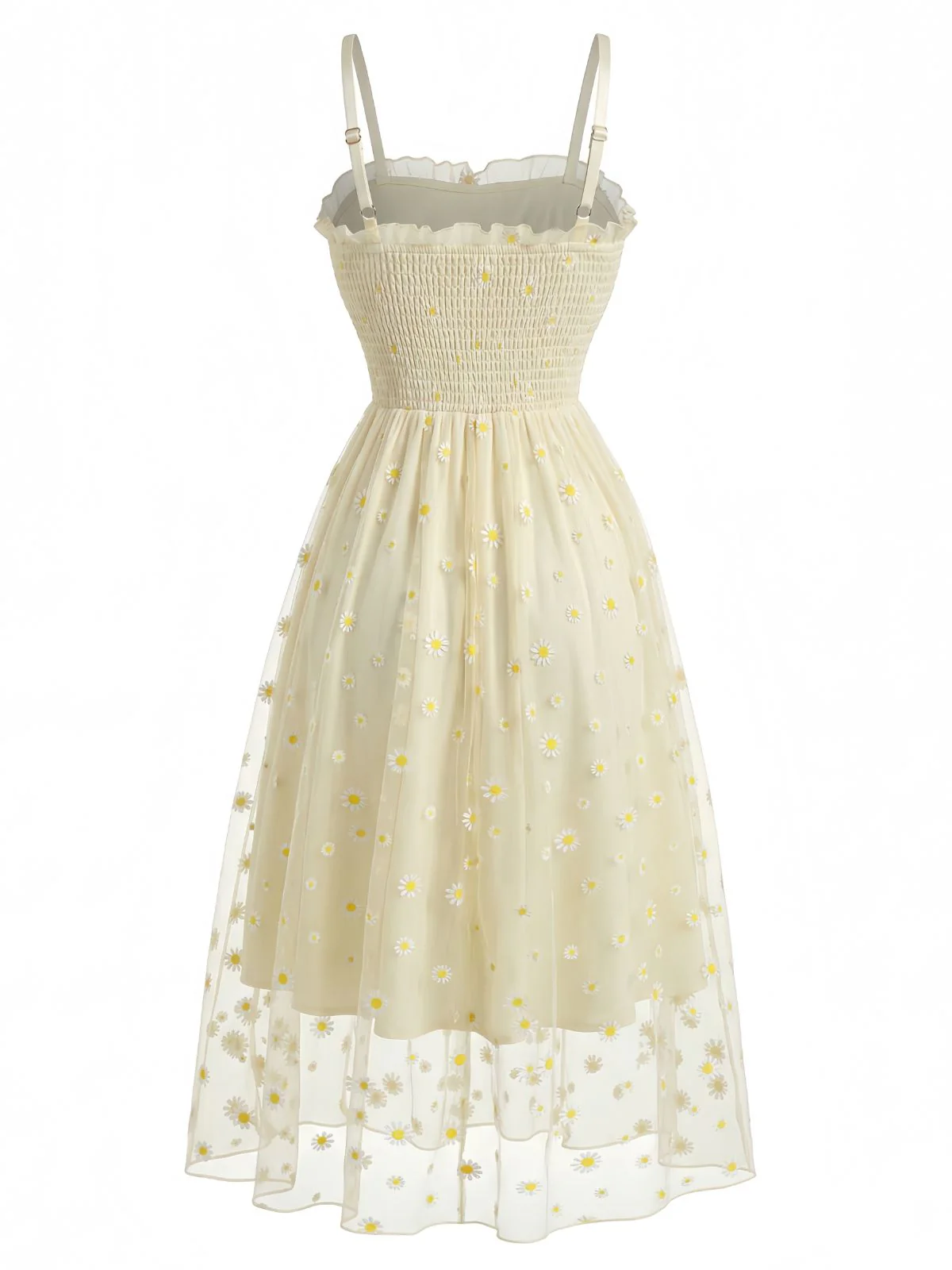 Light Yellow 1950s Daisy Embroidered Smocked Tulle Midi Dress - Image 3