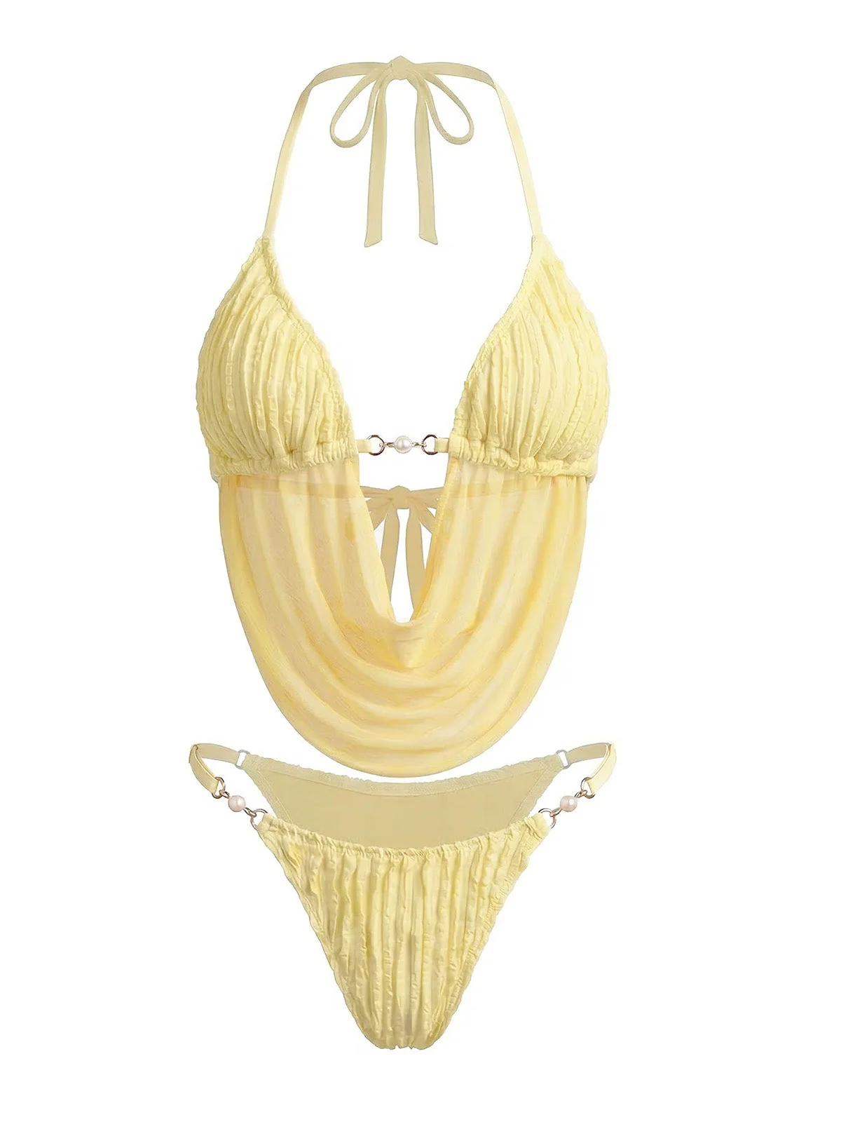 Light Yellow 1980s Sheer Halter Ruched Bikini Set - Image 2