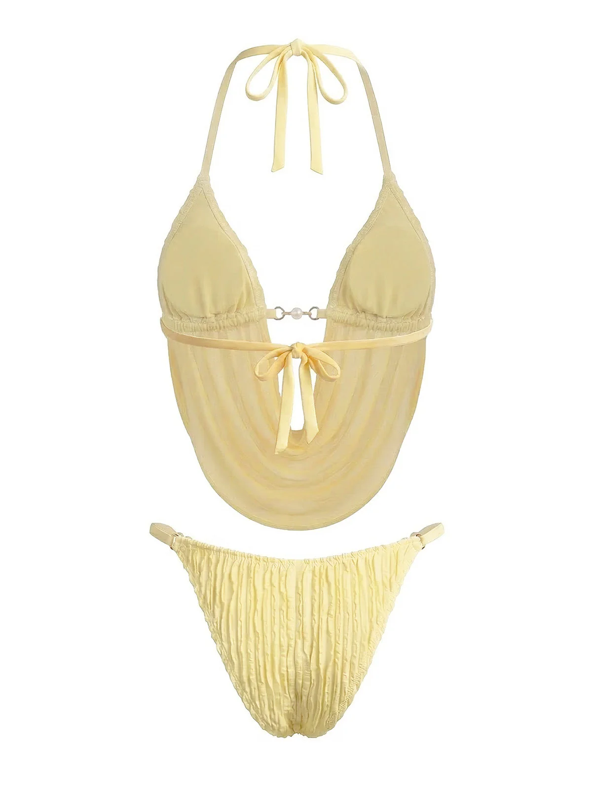 Light Yellow 1980s Sheer Halter Ruched Bikini Set - Image 3