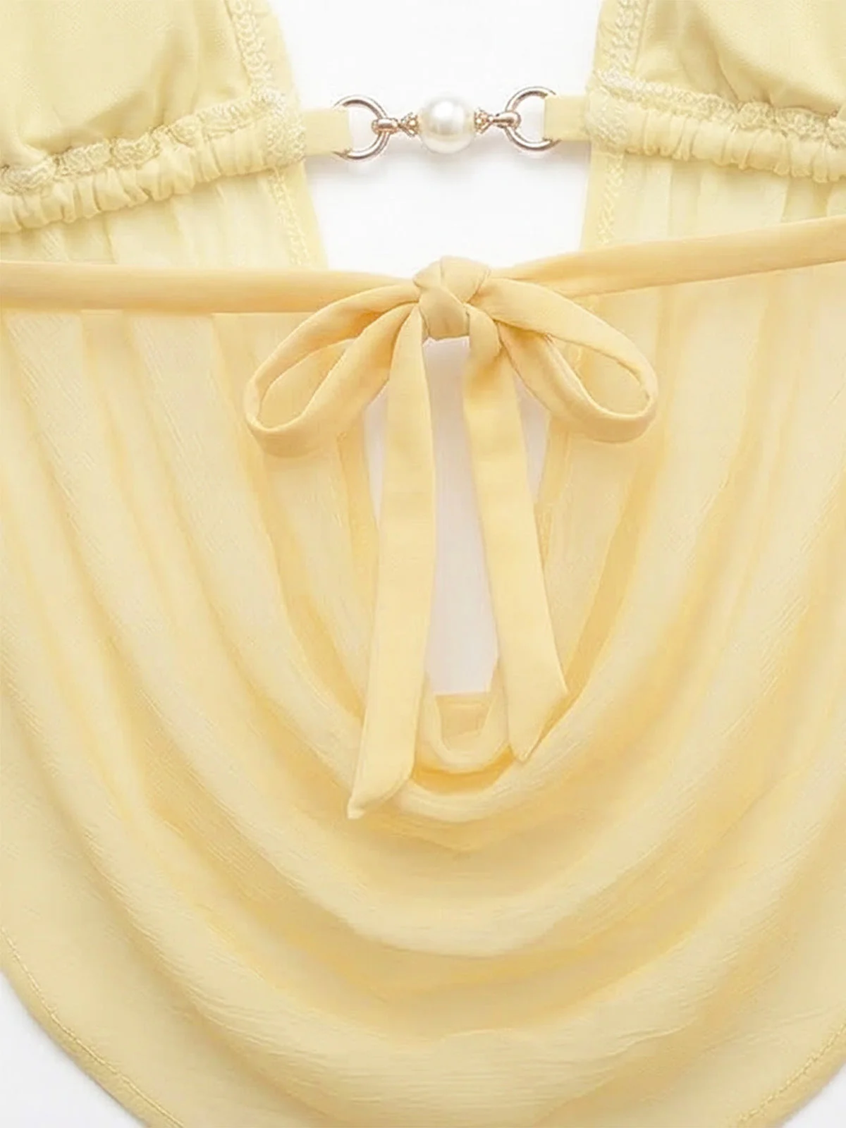 Light Yellow 1980s Sheer Halter Ruched Bikini Set - Image 7