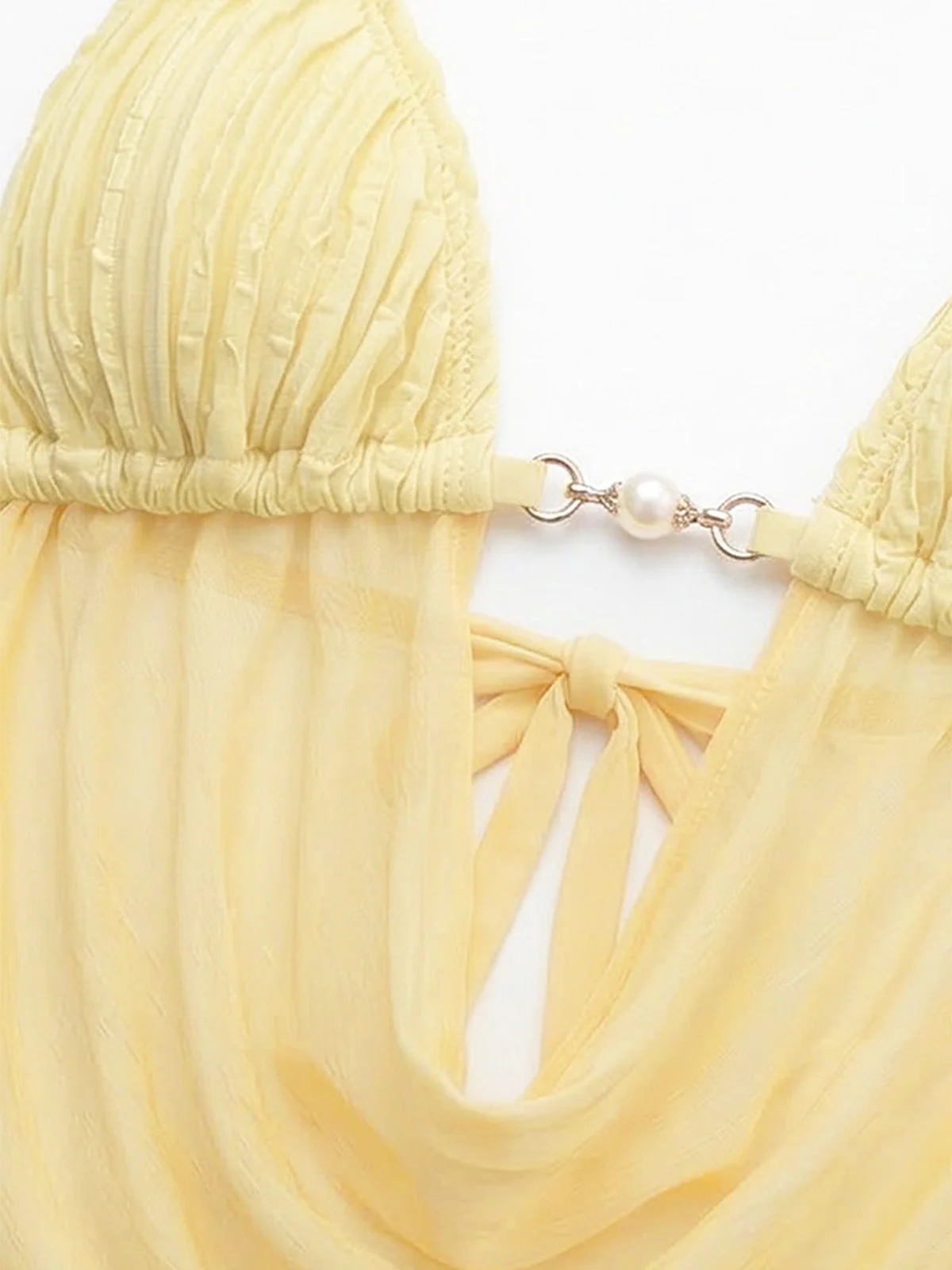 Light Yellow 1980s Sheer Halter Ruched Bikini Set - Image 9