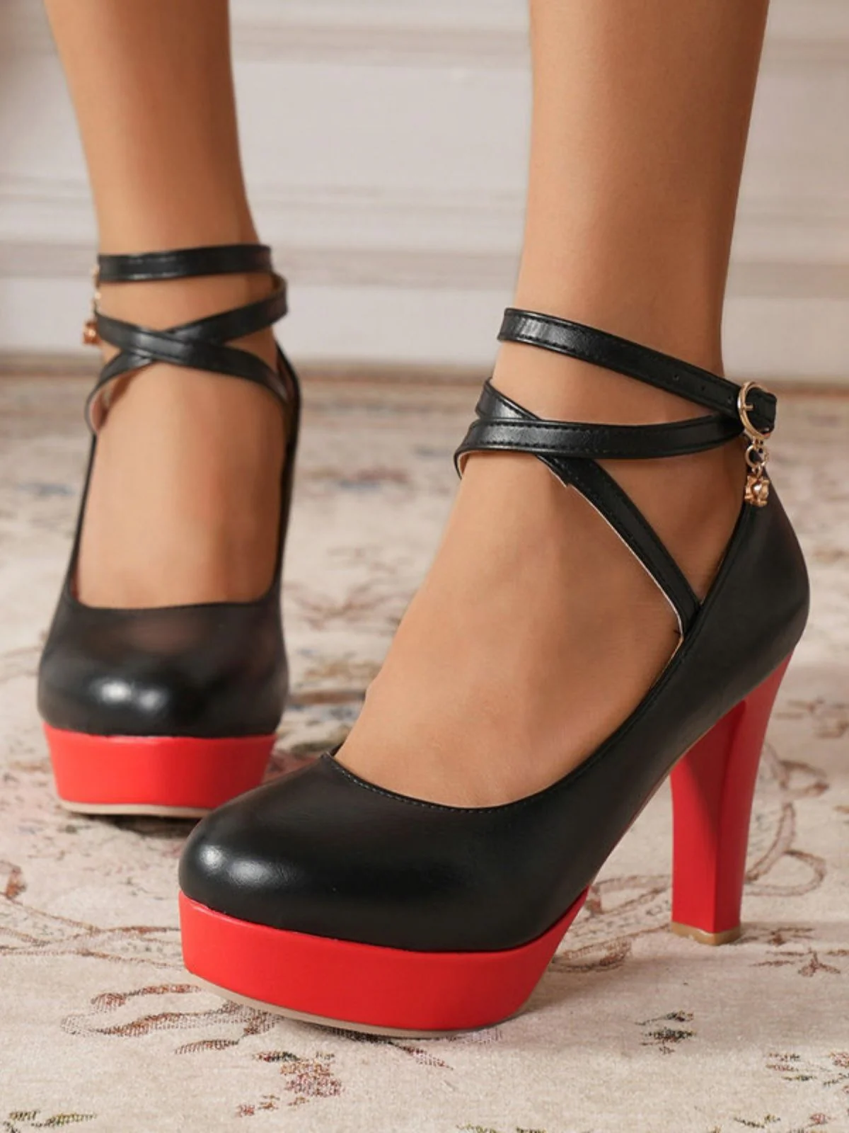 Mary Jane Color Block Round Toe Strap Chunky High Heels - Image 2