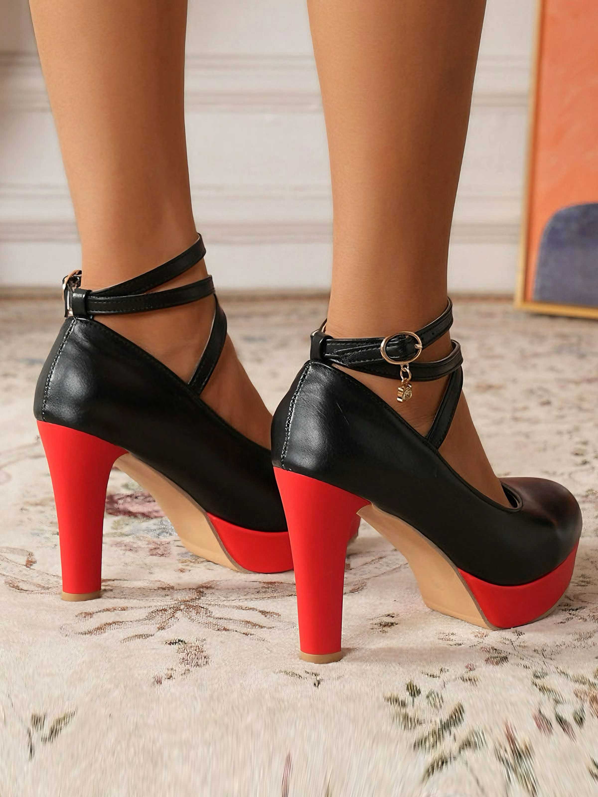 Mary Jane Color Block Round Toe Strap Chunky High Heels - Image 3