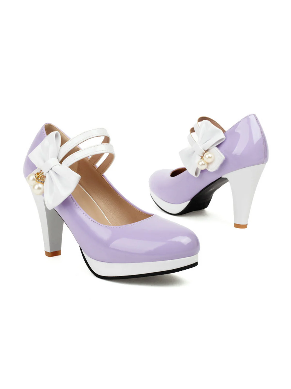 Mary Jane Color Block Side Bow High Heel Shoes - Image 15
