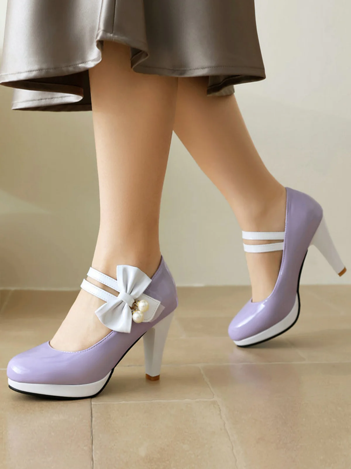 Mary Jane Color Block Side Bow High Heel Shoes - Image 16