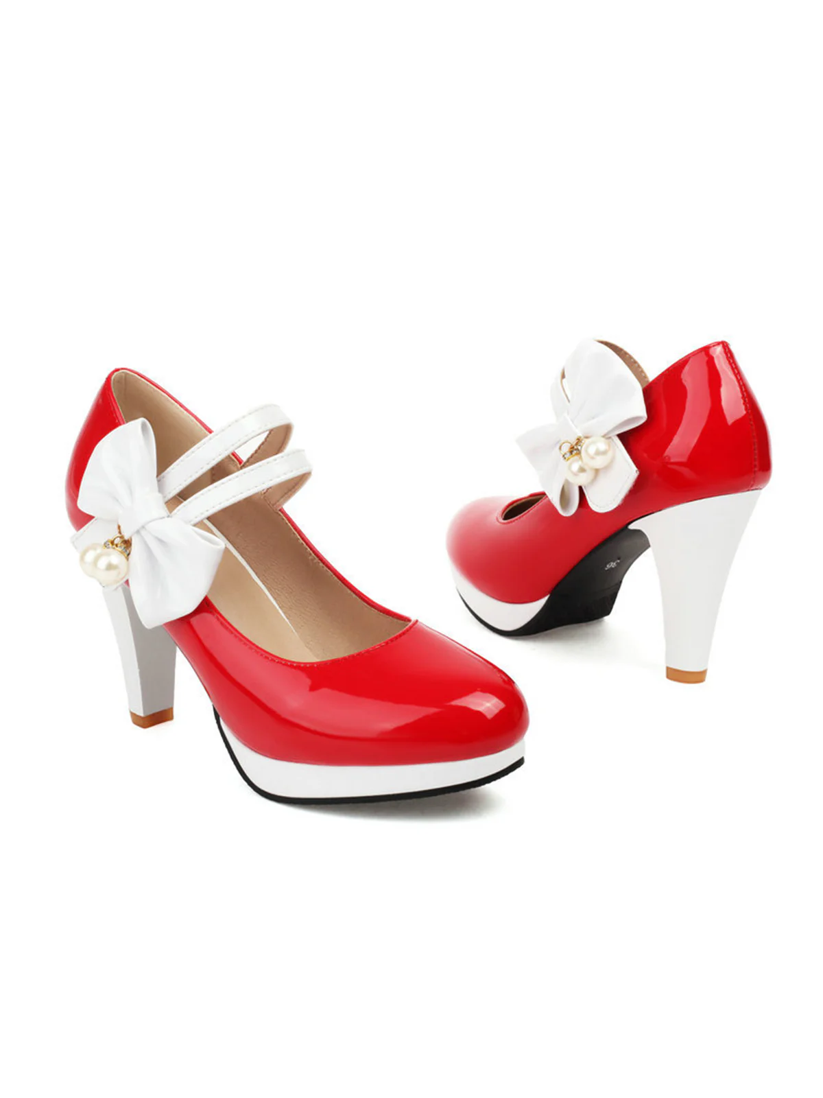 Mary Jane Color Block Side Bow High Heel Shoes - Image 18