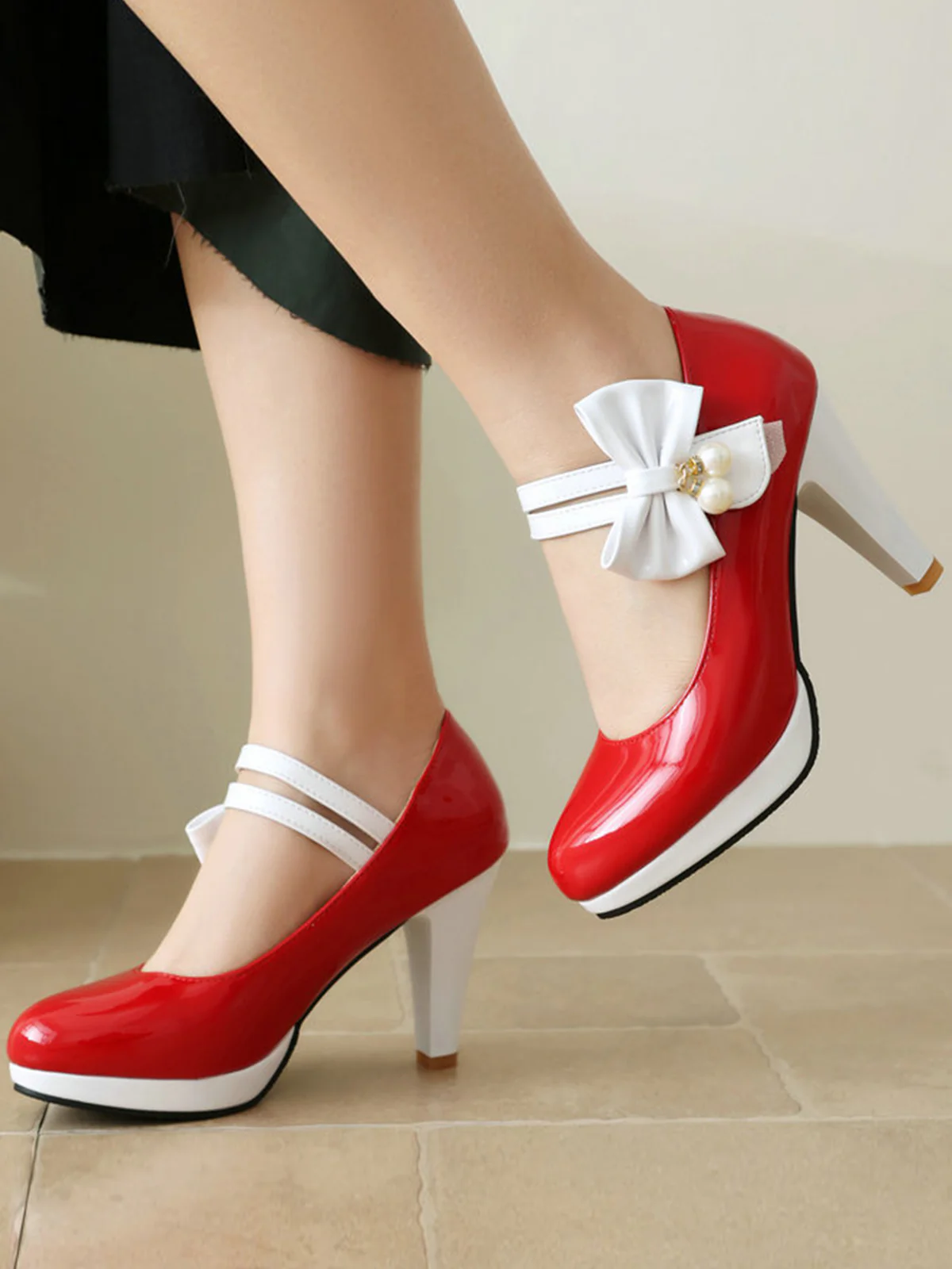 Mary Jane Color Block Side Bow High Heel Shoes - Image 19