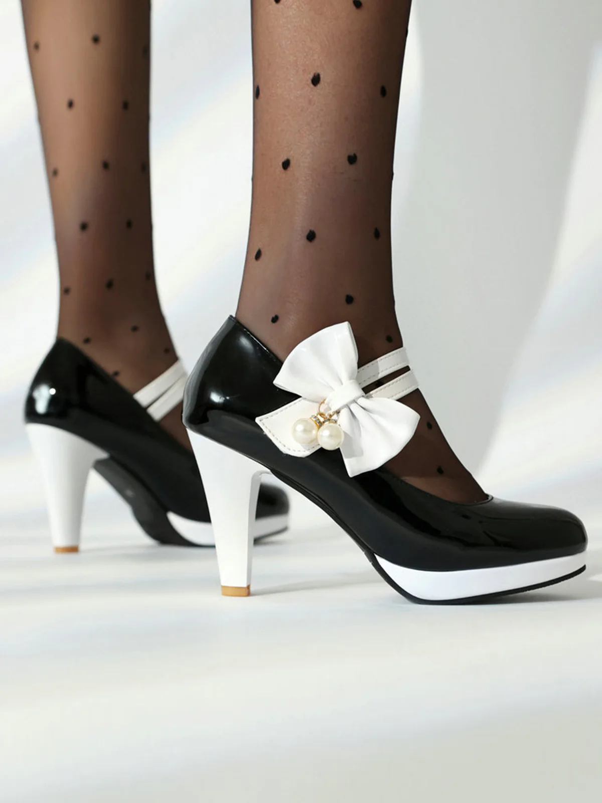 Mary Jane Color Block Side Bow High Heel Shoes - Image 3