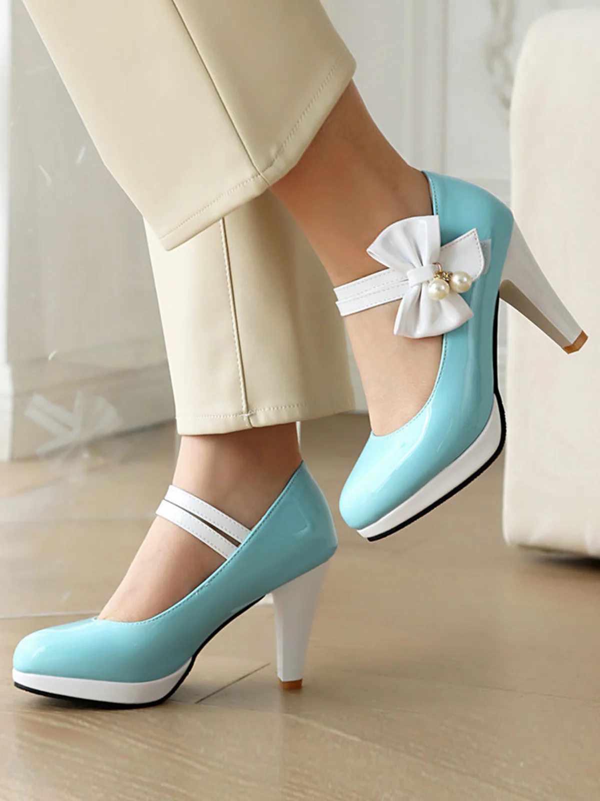 Mary Jane Color Block Side Bow High Heel Shoes - Image 9
