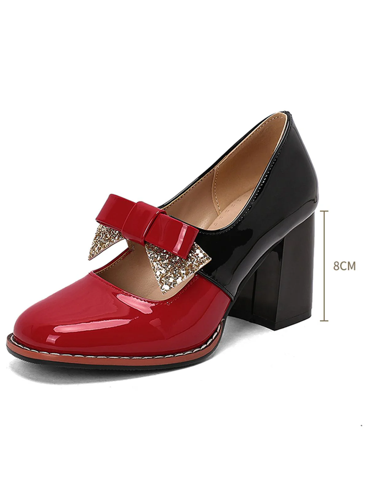 Mary Jane Colorblock Glitter Bowknot Chunky Heels - Image 2