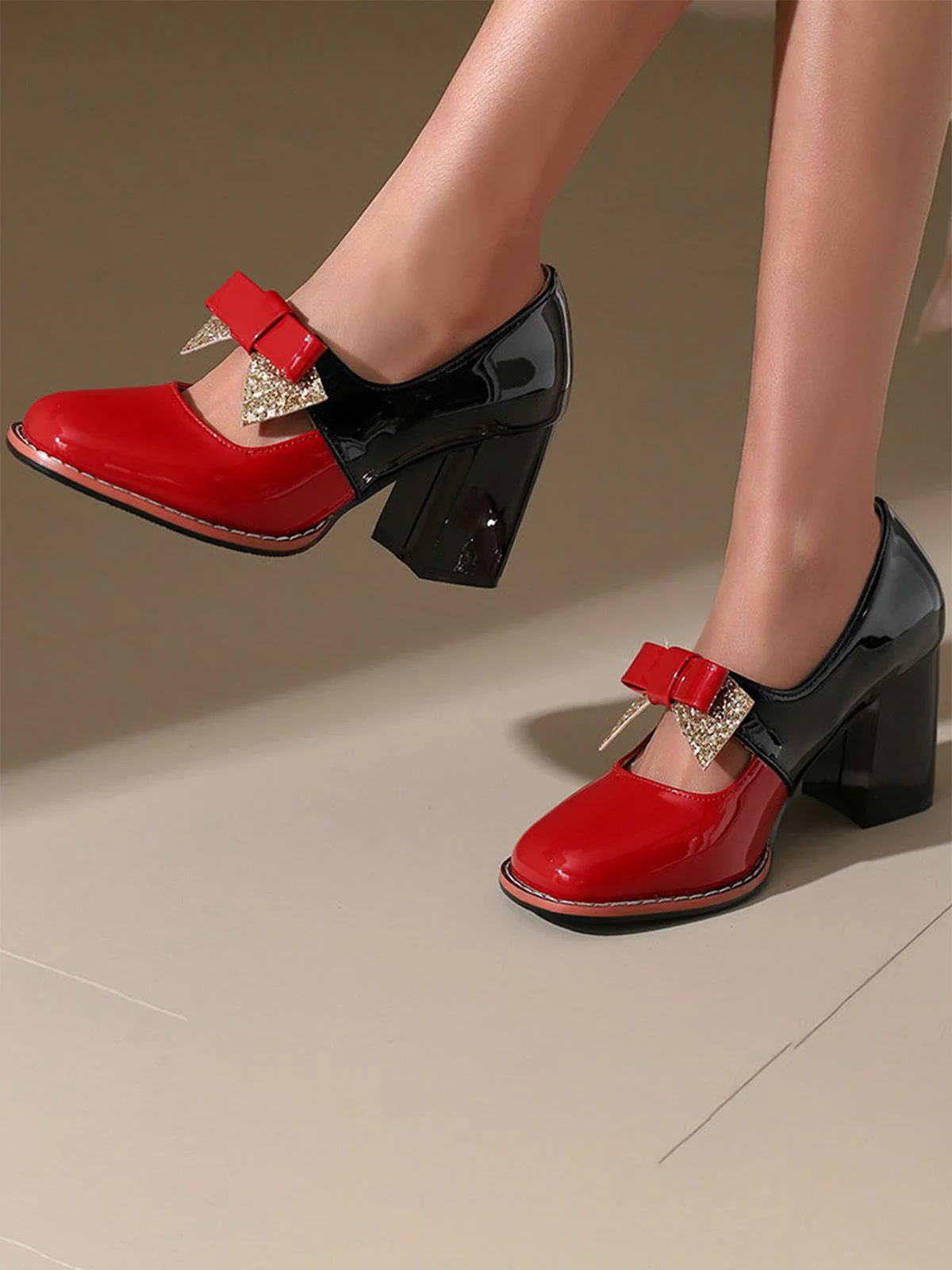Mary Jane Colorblock Glitter Bowknot Chunky Heels - Image 3