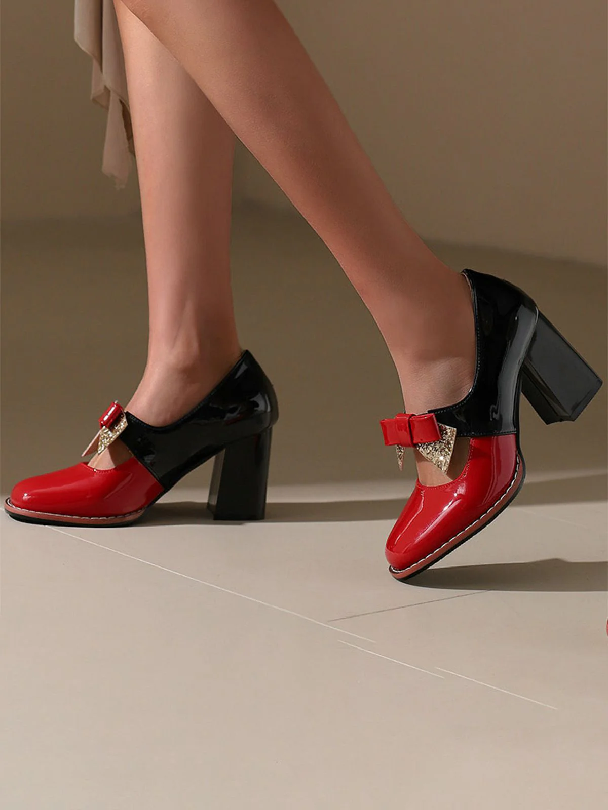 Mary Jane Colorblock Glitter Bowknot Chunky Heels - Image 4
