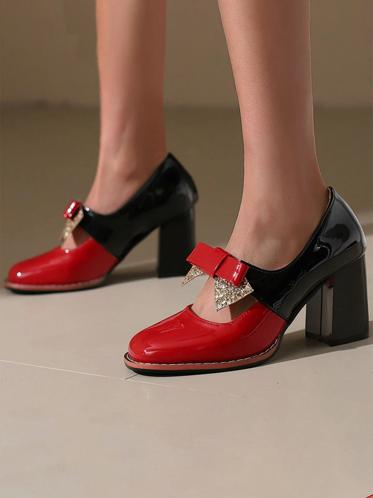 Mary Jane Colorblock Glitter Bowknot Chunky Heels - Image 5