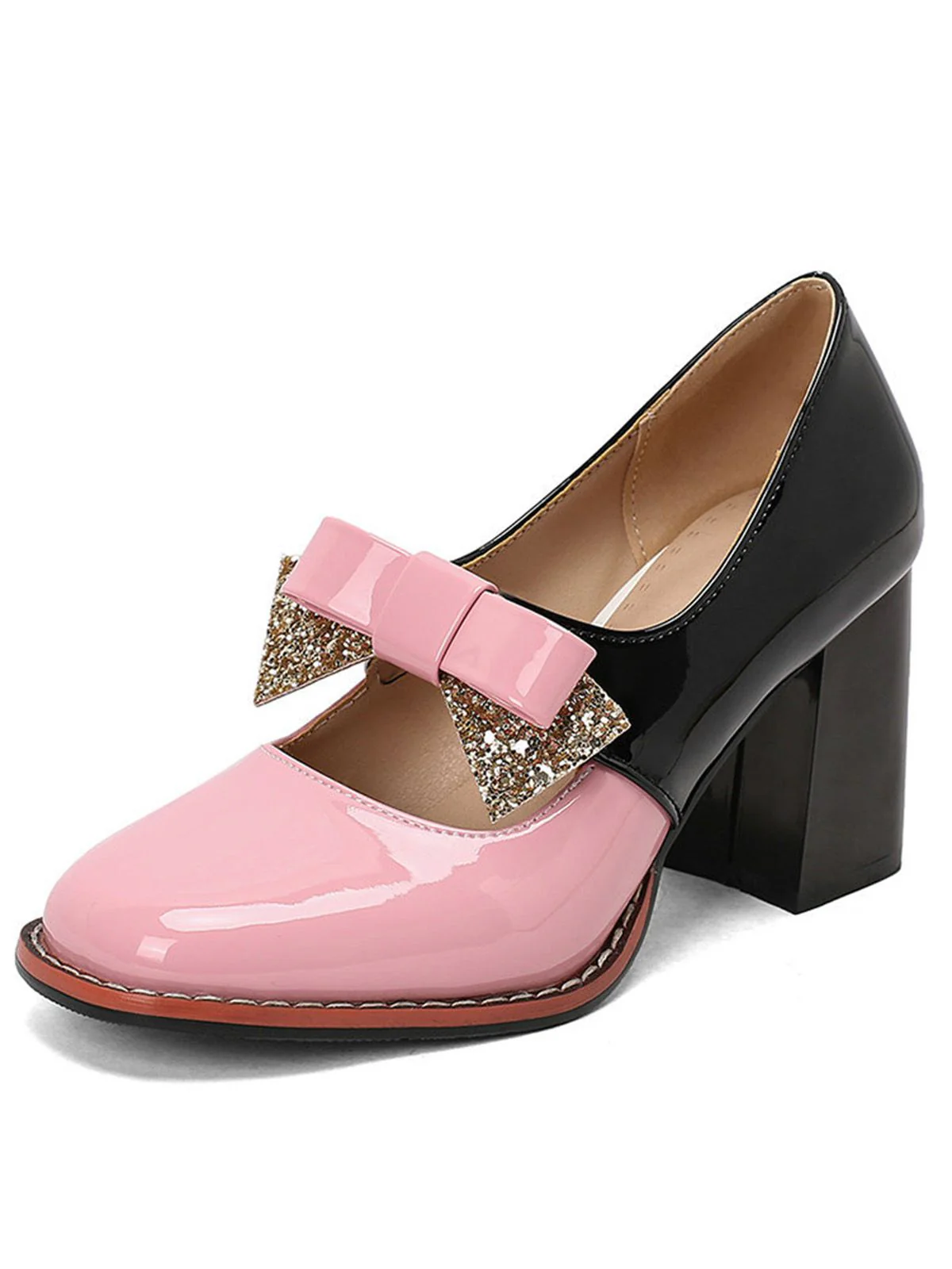 Mary Jane Colorblock Glitter Bowknot Chunky Heels - Image 6