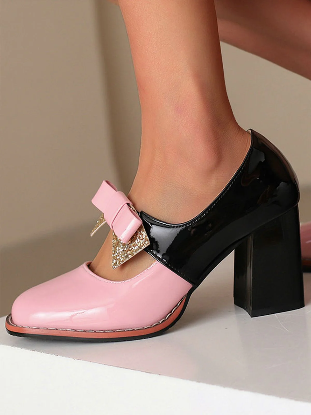 Mary Jane Colorblock Glitter Bowknot Chunky Heels - Image 7