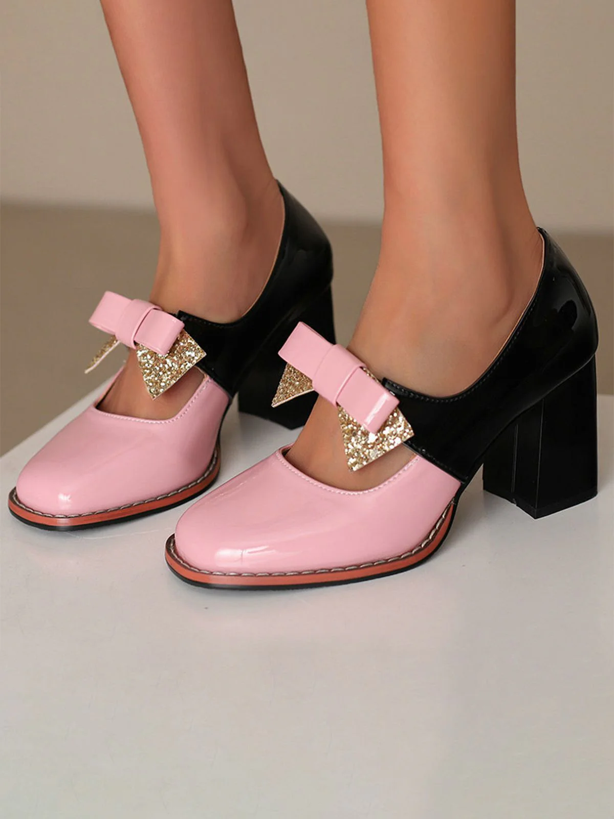 Mary Jane Colorblock Glitter Bowknot Chunky Heels - Image 8