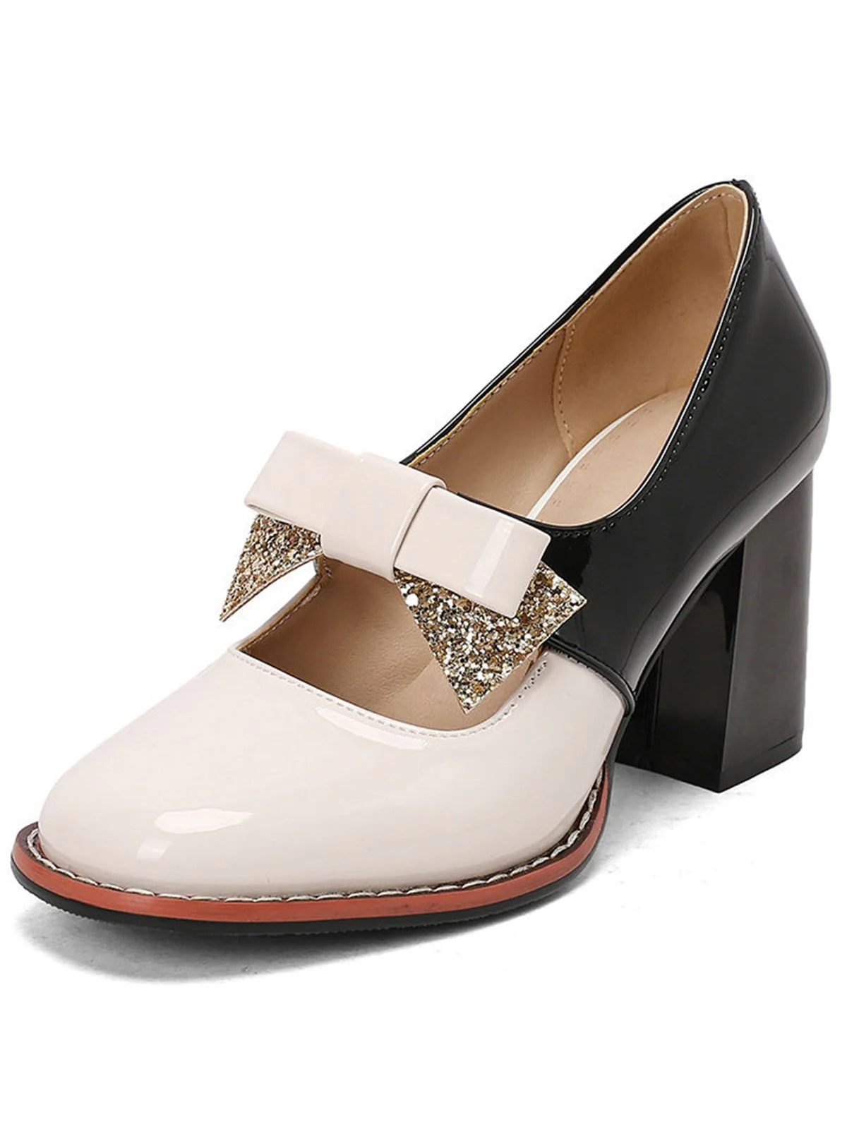 Mary Jane Colorblock Glitter Bowknot Chunky Heels - Image 9