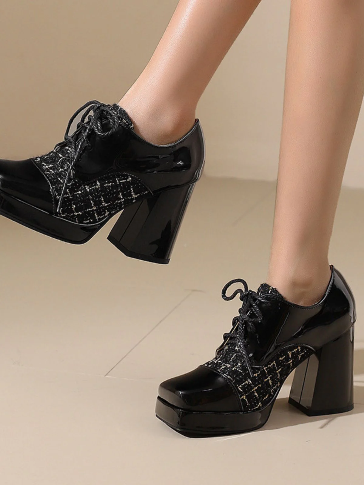 Mary Jane Plaid Square Toe Block Heel Shoes - Image 11