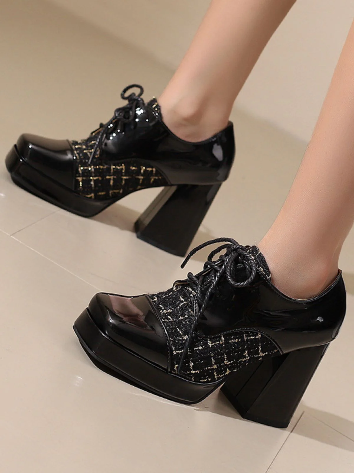 Mary Jane Plaid Square Toe Block Heel Shoes - Image 12