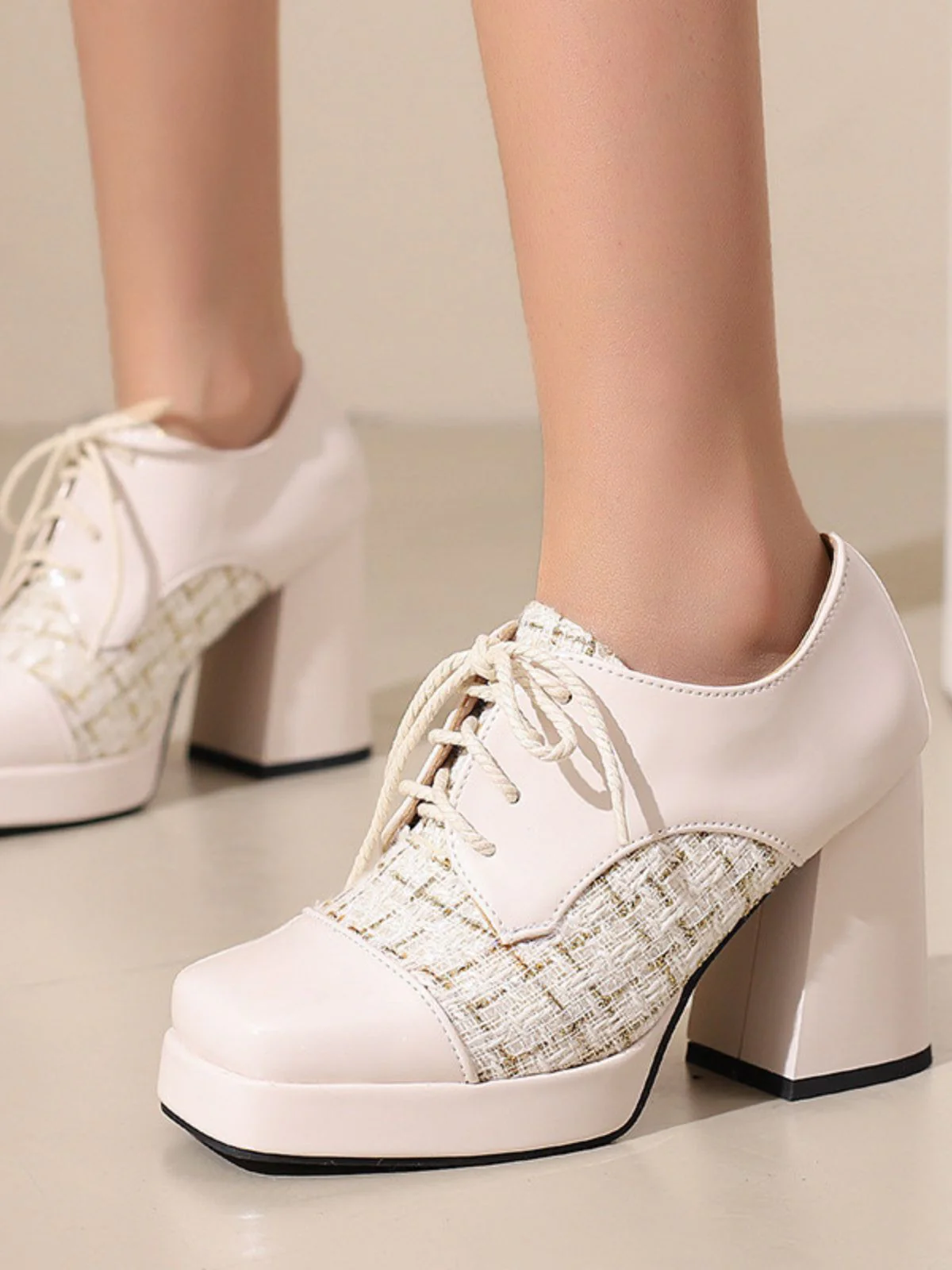 Mary Jane Plaid Square Toe Block Heel Shoes - Image 14