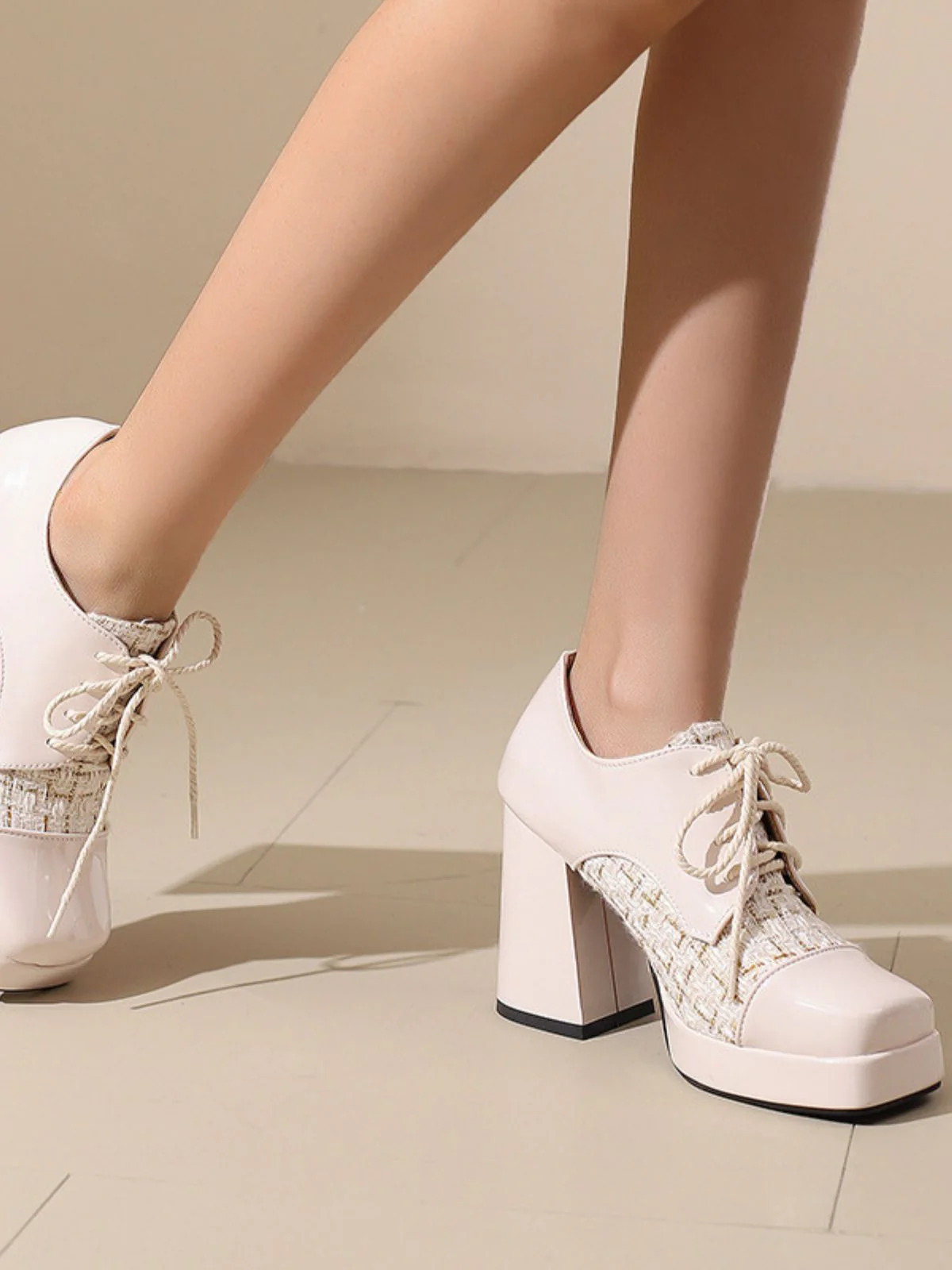 Mary Jane Plaid Square Toe Block Heel Shoes - Image 15
