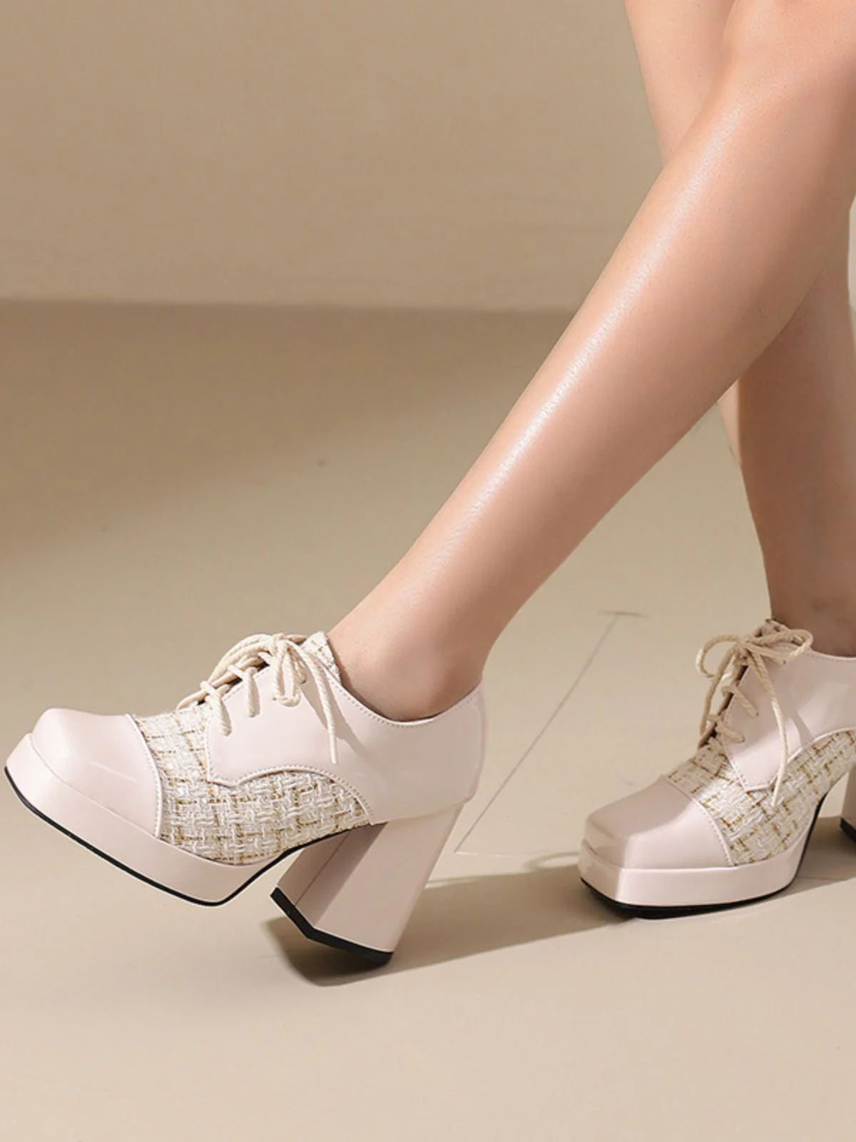 Mary Jane Plaid Square Toe Block Heel Shoes - Image 16