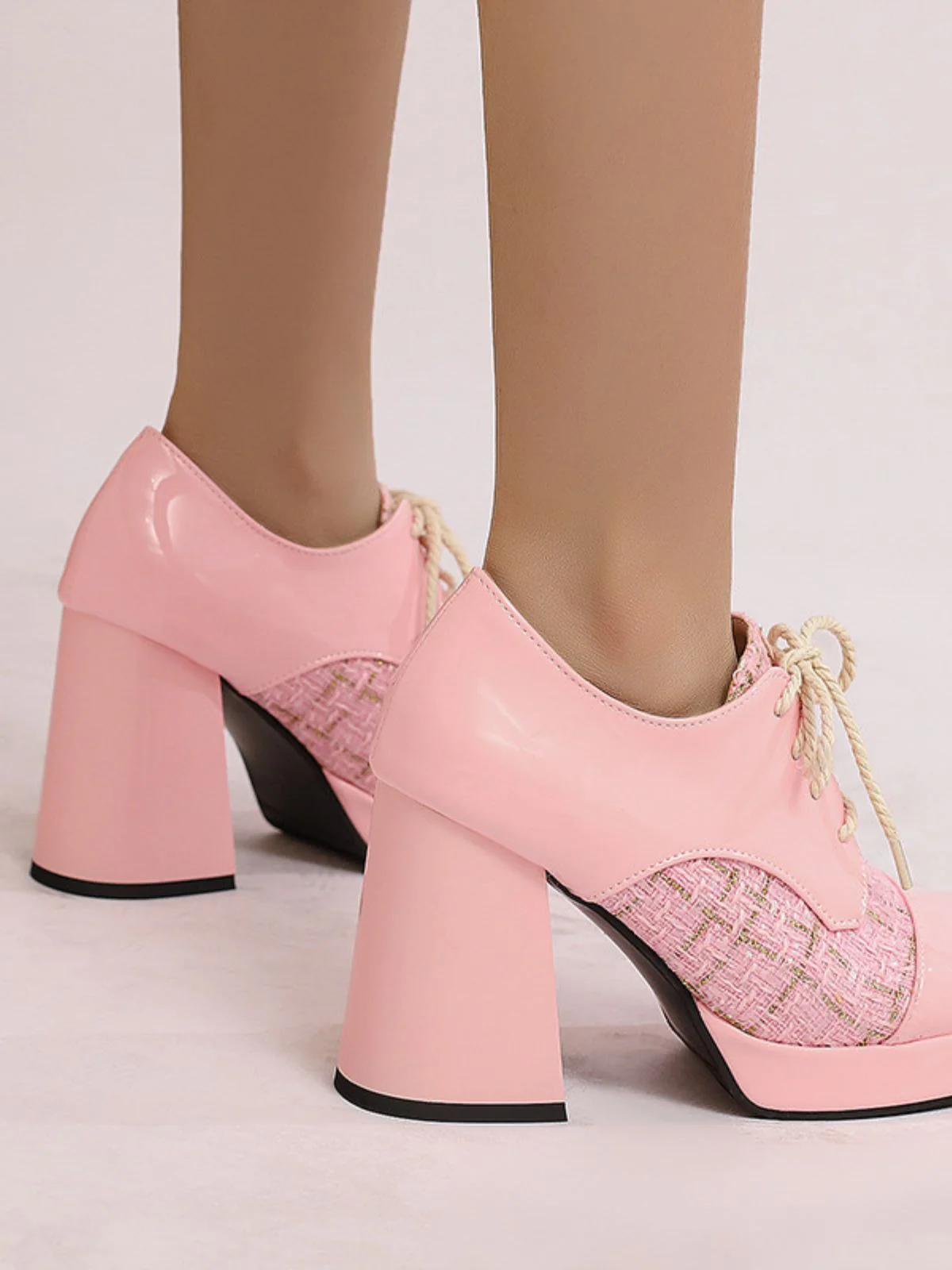 Mary Jane Plaid Square Toe Block Heel Shoes - Image 2